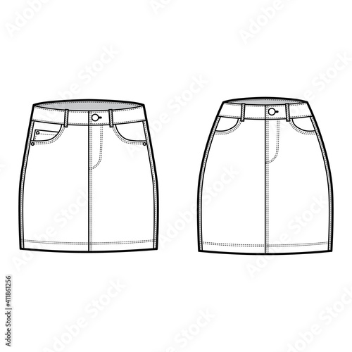 Set of Denim skirts technical fashion illustration with mini length, normal low waist rise, curved and angled pockets. Flat bottom template front, white color style. Women, men, unisex CAD mockup