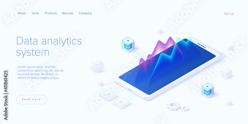 Predictive analytics in isometric vector illustration. Data mining, modelling and machine learning. Information statistics.