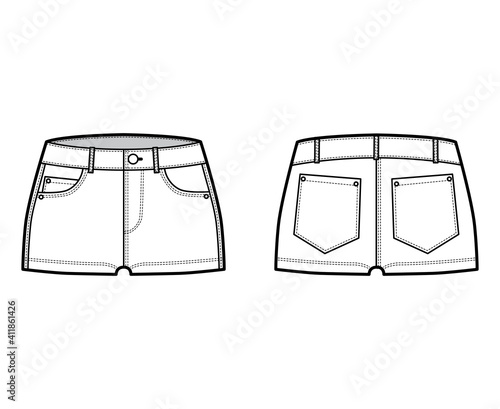 Denim hot short technical fashion illustration with micro length, curved, coin, angled 5 pockets, low waist. Flat bottom apparel template front, back, white color style. Women, men, unisex CAD mockup