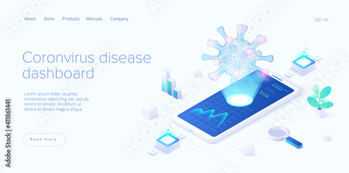 Virus vaccination in isometric vector design. Flu or coronavirus statistics. Medical covid antidote or antivirus vaccine. Pandemic dashboard. Web banner layout template.
