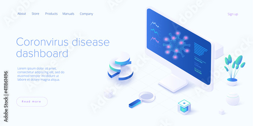 Virus vaccination in isometric vector design. Flu or coronavirus statistics. Medical covid antidote or antivirus vaccine. Pandemic dashboard. Web banner layout template.