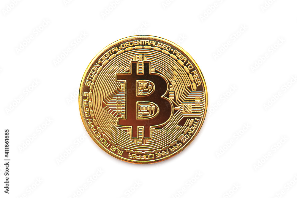 Golden Bitcoin symbol, round coin as cryptocurrency, digital money, isolated on white Golden Bitcoin symbol, round coin as cryptocurrency, digital money, isolated on white