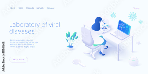 Virus vaccination in isometric vector design. Flu or coronavirus laboratory. Medical covid lab or antivirus vaccine research. Web banner layout template.