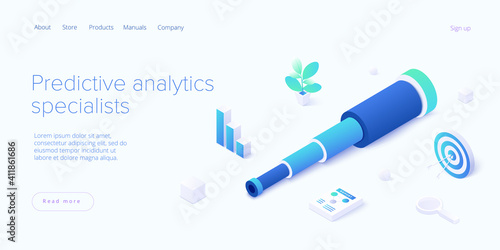 Predictive analytics in isometric vector illustration. Business forecasting as strategic method of future development. Spyglass as metaphor of goal strategy or prediction analysis. photo