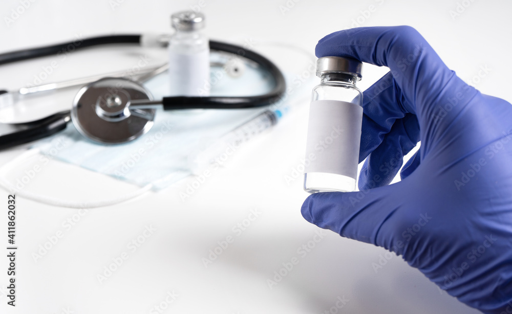 Syringe, medical injection and vial, stethoscope. Plastic medicine ...