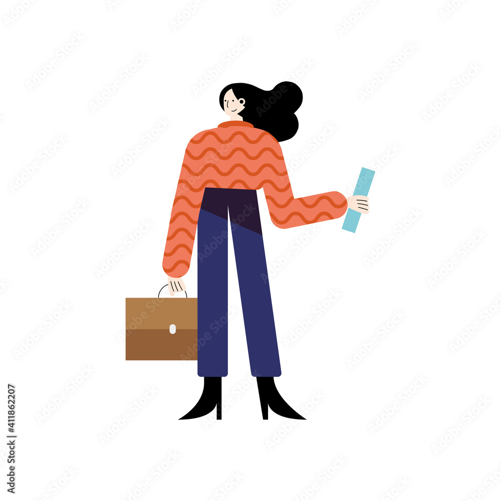 young business woman with portfolio character young business woman with portfolio character