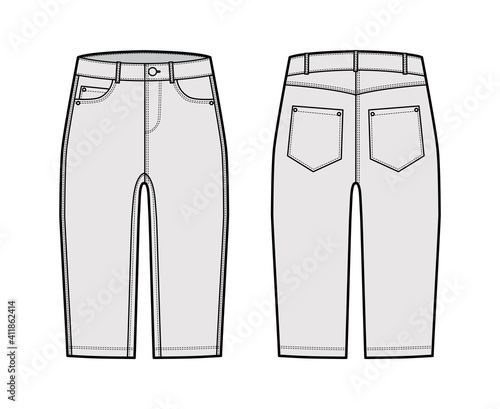 Denim short pants technical fashion illustration with knee length, low waist, rise, curved, coin, angled 5 pockets. Flat breeches bottom template front, back, white color style. Women, men CAD mockup