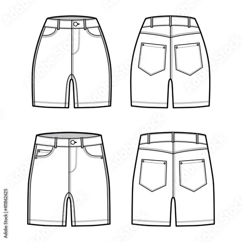Set of Denim shorts pants technical fashion illustration with mid-thigh length, normal low waist, high low rise, 5 pockets. Flat bottom template front, back, white color style. Women, men CAD mockup