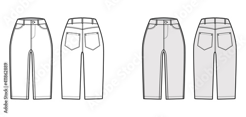 Denim short pants technical fashion illustration with knee length, high rise, curved, coin, angled 5 pockets. Flat breeches bottom template front, back, white grey color style. Women, men CAD mockup