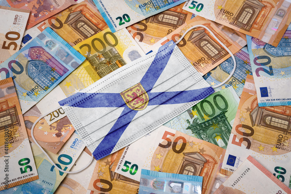 Medical mask with the flag of Nova Scotia on a variety of european banknotes.(series)