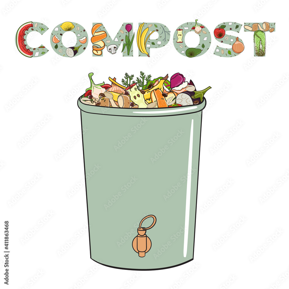 Composting bin with kitchen scraps, fruits and vegetables. No food wasted.  Recycling organic waste, compost. Sustainable living, eco-friendly zero  waste concept. Stock Vector | Adobe Stock