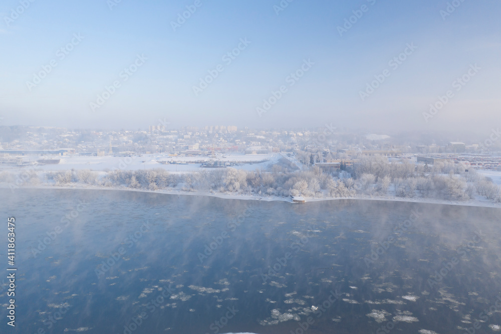 Kaunas city, Vilijampole district on a cold winter morning. Nemunas river in February, 2021.