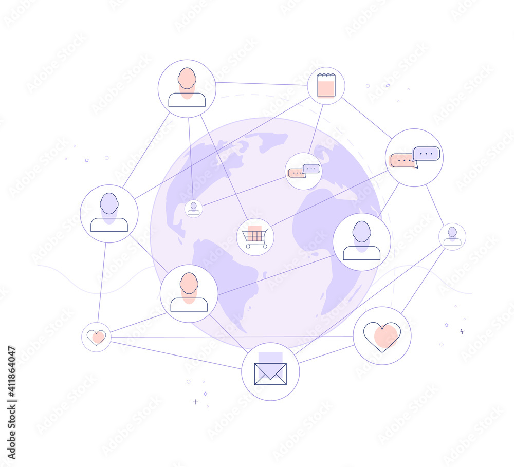 Social network concept with various icons on Earth background. Vector illustration modern style Social network concept with various icons on Earth background. Vector illustration modern style
