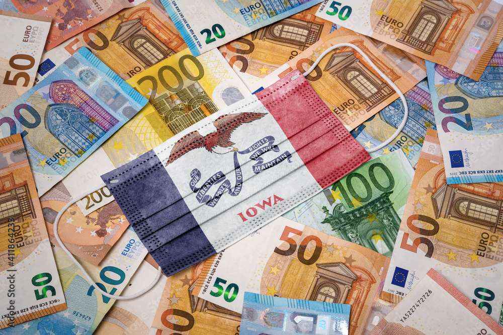 Medical mask with the flag of Iowa on a variety of european banknotes.(series)