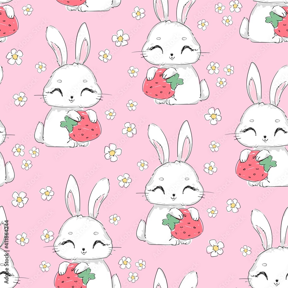 Seamless pattern Cute Bunny with strawberry and flowers vector, children print design rabbit Seamless pattern Cute Bunny with strawberry and flowers vector, children print design rabbit