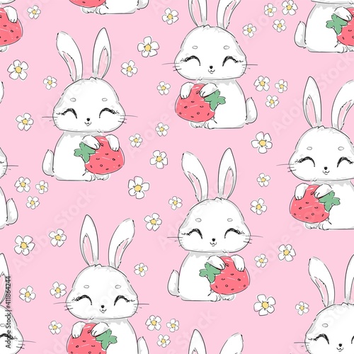 Seamless pattern Cute Bunny with strawberry and flowers vector  children print design rabbit
