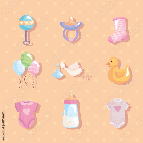 bundle of nine baby shower set icons vector illustration design