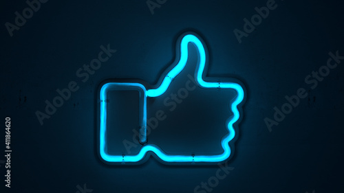 Thumbs up icon shaped neon lamp. Social network communication concept. 3d rendering