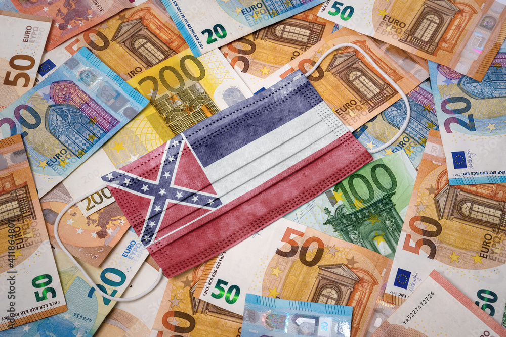 Medical mask with the flag of Mississippi on a variety of european banknotes.(series)