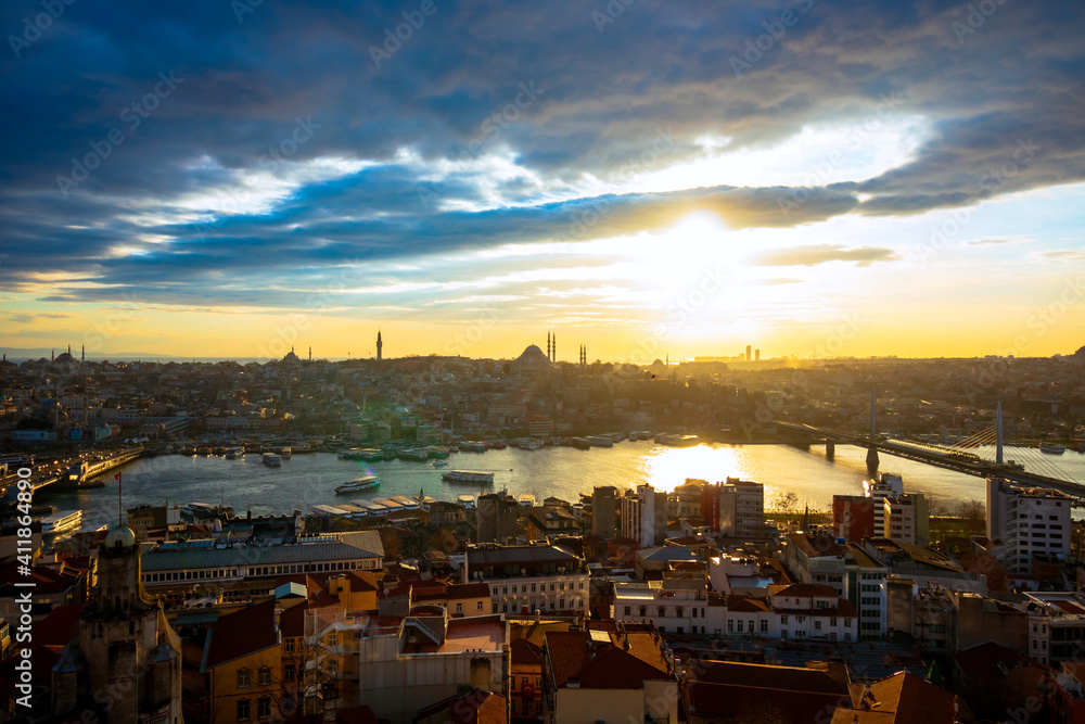Cityscape of Istanbul at sunset from Galata Tower. Istanbul background photo. Golden Horn and Historical Peninsula of Istanbul. Travel to Istanbul.