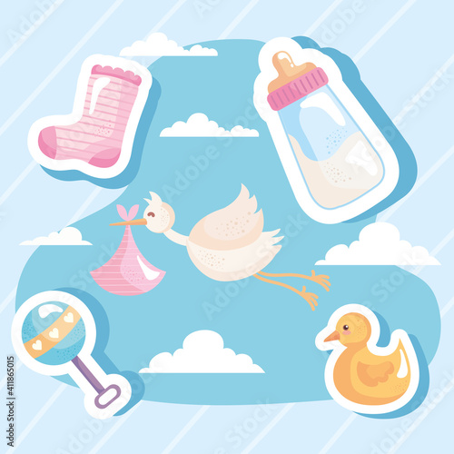 bundle of five baby shower set icons in the sky vector illustration design