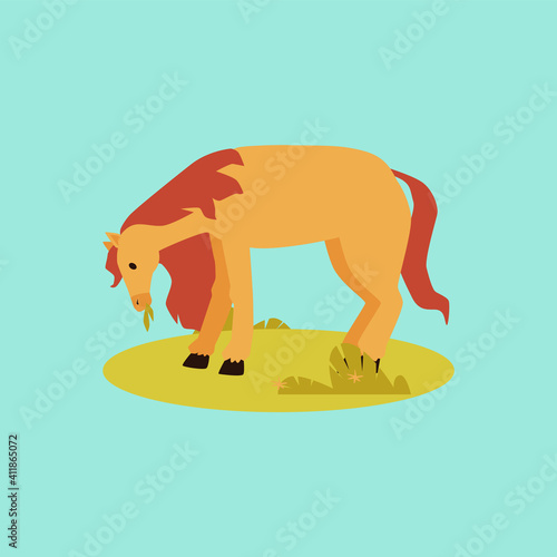 Cute brown pony horse grazing in the meadow, flat vector illustration isolated.