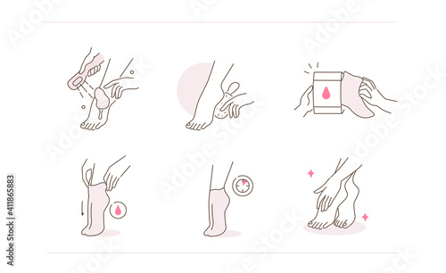 Beauty Girl Take Care of her Feet and Applying Foot Peel or Moisturizing Mask. Foot Care and Pedicure Concept. Flat Line Vector Illustration and Icons set.