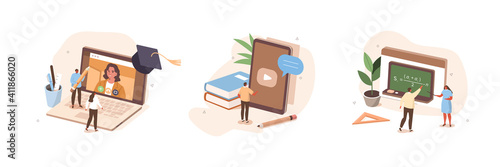 People Characters Having Video Call with Teacher on Laptop and Smartphone. Students Listening Lection and Learning on Digital Platform. Online Education Concept. Flat Cartoon Vector Illustrations Set.