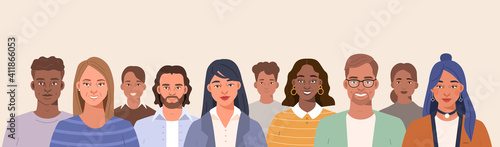 Diverse People Group Standing Together. Different Ages Man and Woman Characters in Fashionable Clothes. Social Diversity Concept. Flat Cartoon Vector Illustration. 
