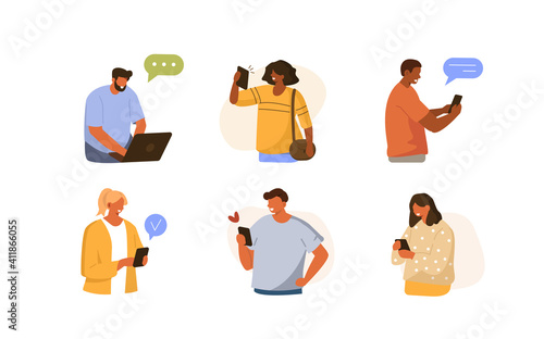 Young Fashionable People Looking on Smartphones, Laptop and Chatting. Happy Boys and Girls talking and typing on Phones. Female and Male Characters collection. Flat Cartoon Vector Illustration.
