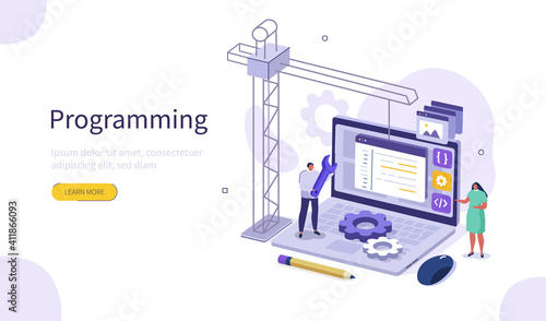 People Characters Developing new Software on Laptop.  Developers Team Programming and Coding Program Code Together. Development Process Concept. Flat Isometric Vector Illustration.