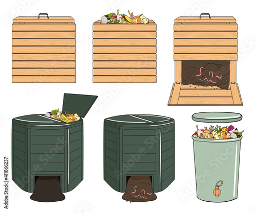 Set of garden wood and plastic composting bins. Garden fertilizer organic with worms. Recycling organic waste. Sustainable living concept