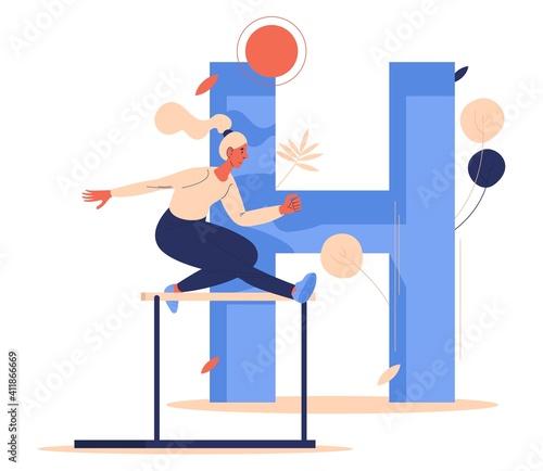 Hurdling training woman with letter H on background. Vector sport character jumping over barrier