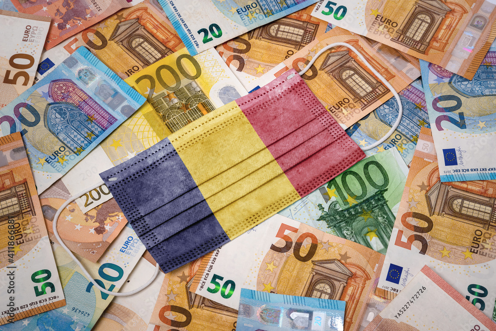 Medical mask with the flag of Chad on a variety of european banknotes.(series)