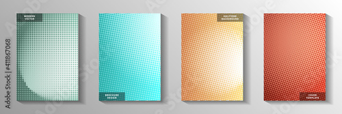 Dynamic dot perforated halftone title page templates vector kit. Digital poster faded halftone