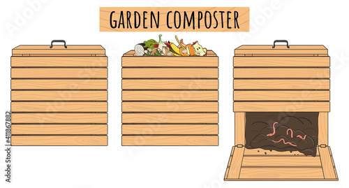 Set of garden wood composting bins. Garden fertilizer organic with worms. Recycling organic waste. Sustainable living concept