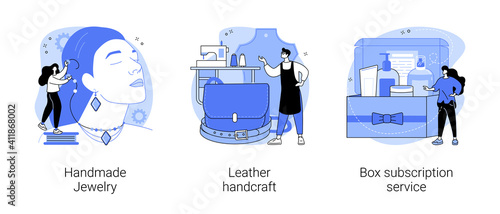 Handmade products and shopping service abstract concept vector illustration set. Handmade Jewelry, leather handcraft, box subscription service, artisan goods, custom order delivery abstract metaphor.