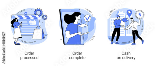 Purchase process abstract concept vector illustration set. Order processed, complete, cash on delivery, online store, e-commerce website, shipping details, delivery service abstract metaphor.