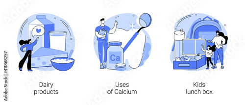 Healthy nutrition abstract concept vector illustration set. Dairy products, uses of calcium, kids lunch box, healthy snack, food processing, strong bones and teeth, parent care abstract metaphor.