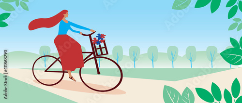 Woman on bike riding in the park, template with copy space, flat vector illustration with bicyclist in nature in the countryside