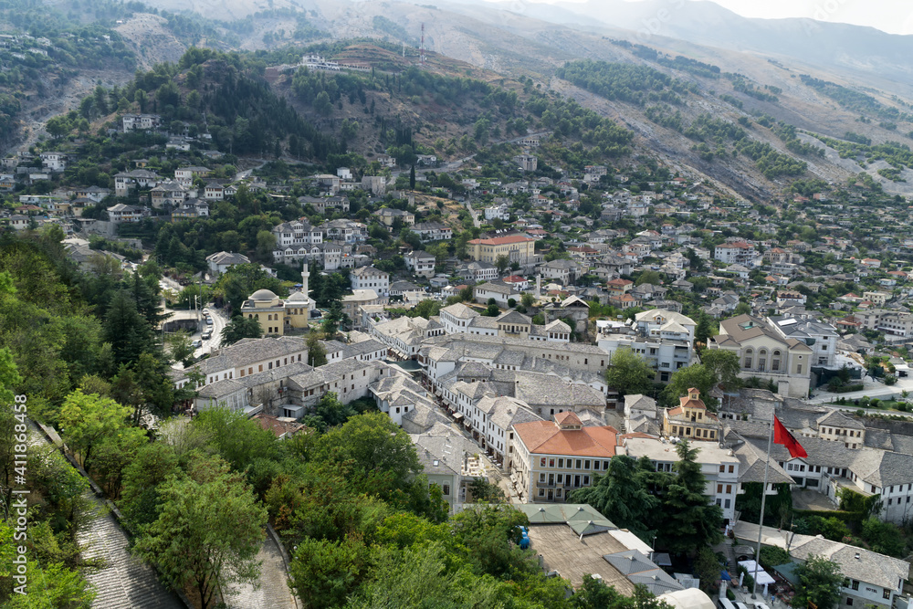 Gjirokaster, Albania, Europe, well-preserved Ottoman town. View from the citadel upon the stone roofs of the city, UNESCO World Heritage.