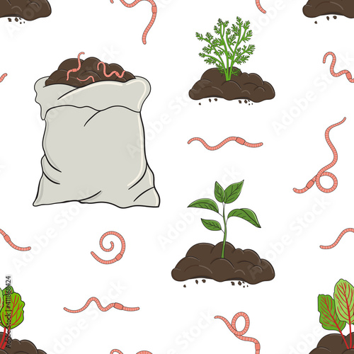 Seamless pattern with worms, compost pile and sack. Carrot and beet sprout in soil. Garden composting concept. Worms for vermicomposting. Farming and agriculture
