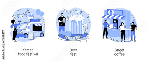 Urban culinary event abstract concept vector illustration set. Street food festival, beer fest, street coffee, food truck, hot drinks, craft brewing, neighbourhood entertainment abstract metaphor.