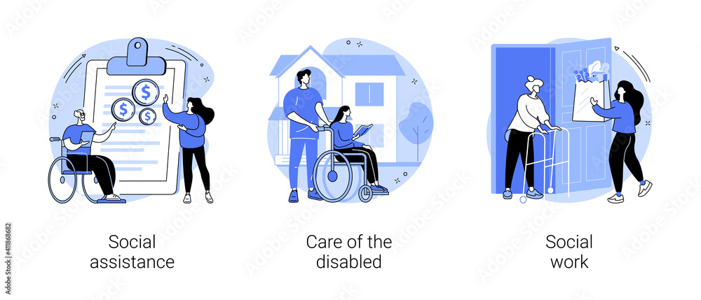 Volunteer help abstract concept vector illustration set. Social assistance, care of the disabled, social work, home nursing, caregiver support, disability care, low income, charity abstract metaphor.