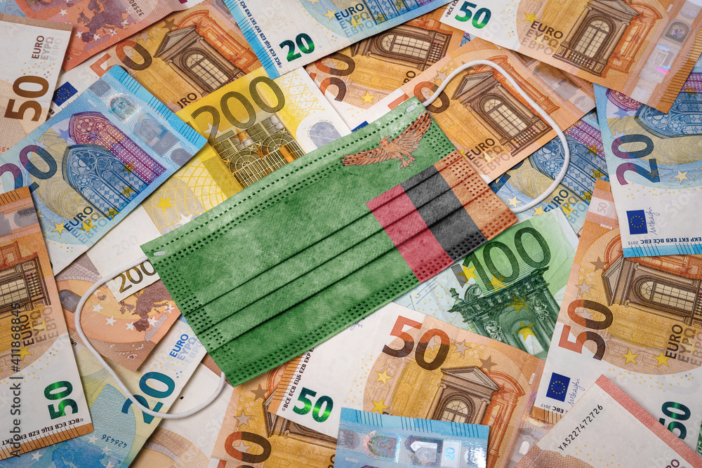 Medical mask with the flag of Zambia on a variety of european banknotes.(series) Medical mask with the flag of Zambia on a variety of european banknotes.(series)