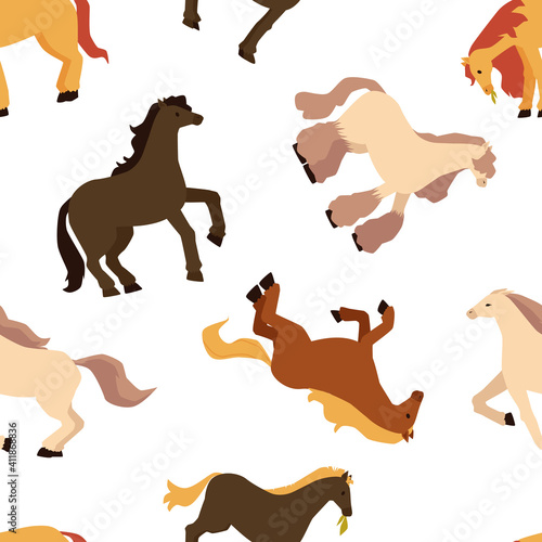 Seamless pattern with pony horses, flat vector illustration on white backdrop.