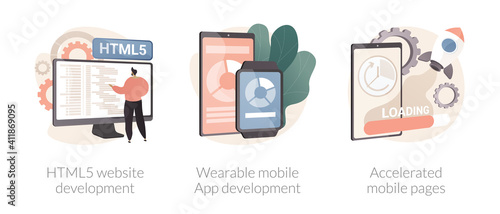 Software and frontend development abstract concept vector illustration set. HTML5 website development, wearable mobile app, accelerated mobile pages, responsive landing design abstract metaphor.
