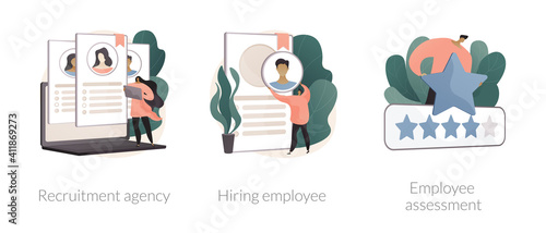 Human resources abstract concept vector illustration set. Recruitment agency, hiring employee, employee assessment, job listing, head hunting, performance review, SWOT analysis abstract metaphor.