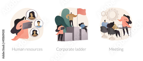Headhunter service abstract concept vector illustration set. Human resources, corporate ladder, meeting room, job listing website, employment hierarchy, career ladder, contract abstract metaphor.