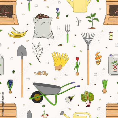 Seamless pattern with organic waste and garden tools. Kitchen scraps, composter, sack with compost. Farming and agriculture. Home composting and zero waste concept